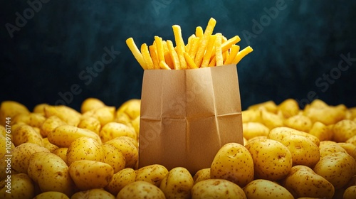 Delicious golden fries surrounded by fresh potatoes a mouthwatering visual feast of nature's comfort food photo