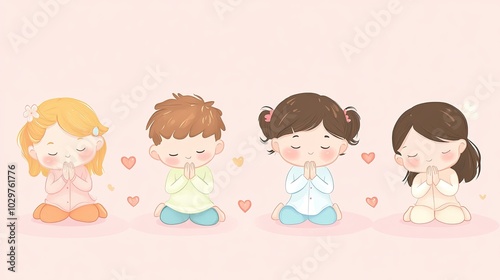 Four Children Kneeling with Hands Together in Prayer