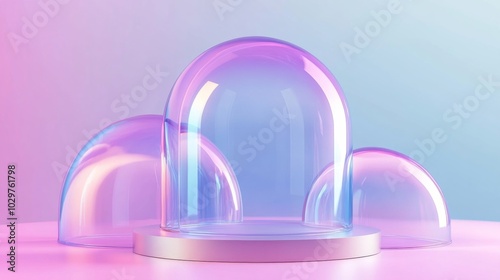 Three transparent glass domes pink blue gradient background Abstract geometric podium