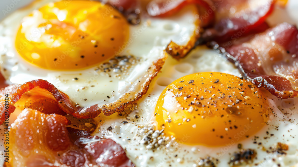 Fried eggs with crispy bacon, showcasing delicious breakfast scene. vibrant yolks and savory bacon create appetizing and hearty meal Fried eggs with crispy bacon, showcasing delicious breakfast scene. vibrant yolks and savory bacon create appetizing and hearty meal