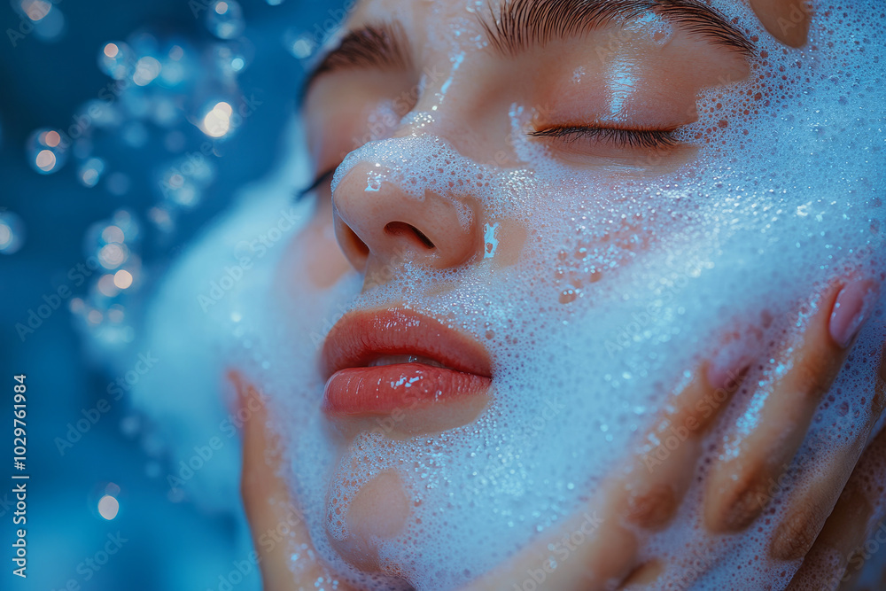 A woman is washing her face with bubbles A woman is washing her face with bubbles