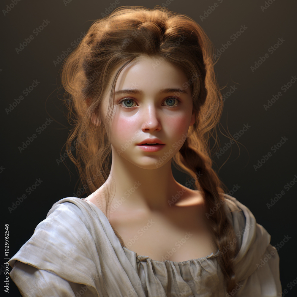 Realistic Digital Portrait of a Young Girl with Braid and Expressive Green Eyes in Soft Lighting Realistic Digital Portrait of a Young Girl with Braid and Expressive Green Eyes in Soft Lighting