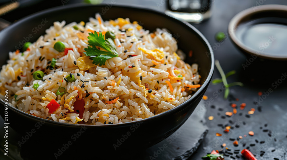 Delicious fried rice with colorful vegetables, garnished with fresh herbs, served in black bowl. This vibrant dish is perfect for any meal, showcasing blend of flavors and textures