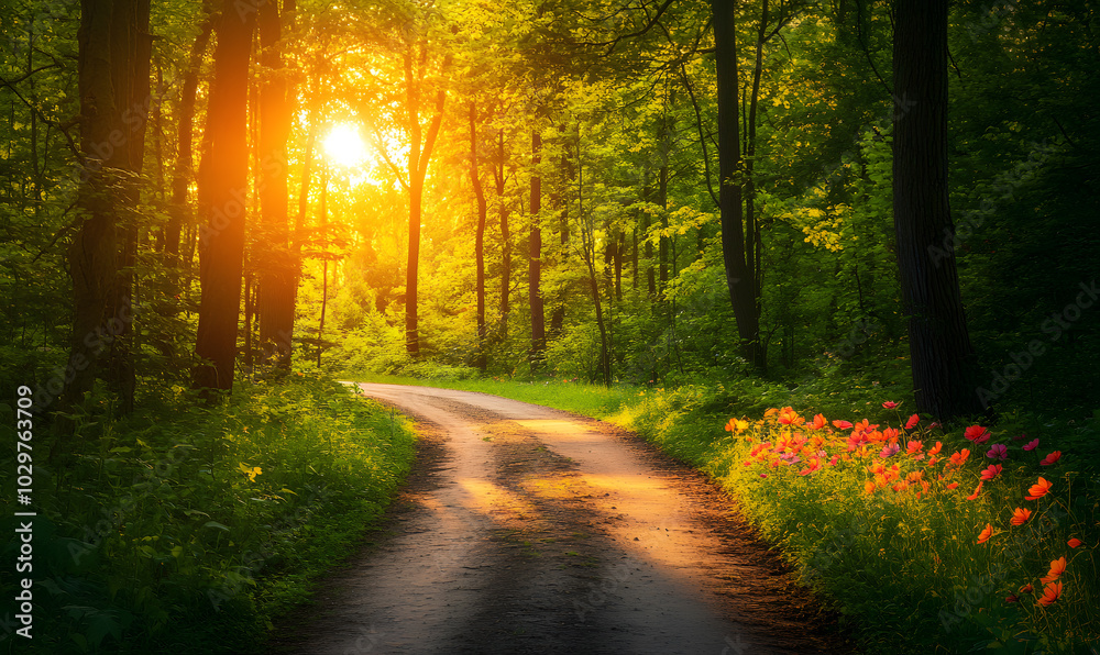 Fototapeta premium Dreamlike Landscapes and Mystical Gardens with Vibrant Flowers and Glowing Nature