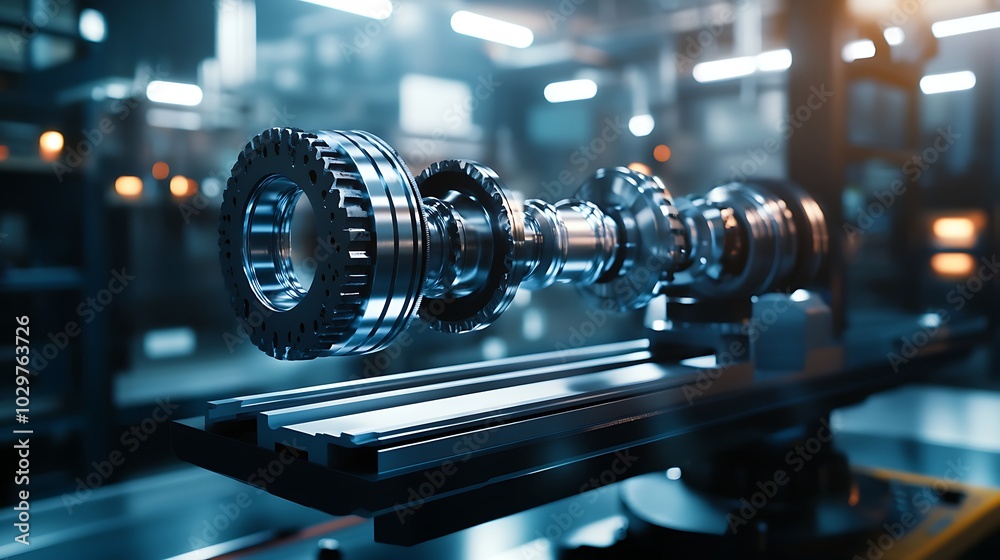 The lathe machine cutting the metal shaft. The lathe machine cutting the metal shaft.