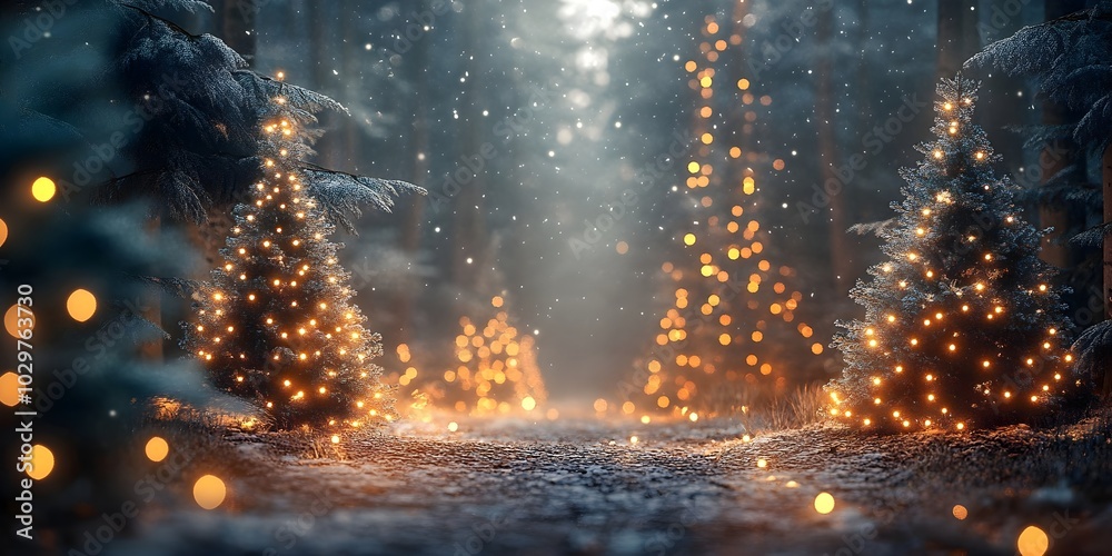 Naklejka premium Magical forest with christmas trees and glowing lights