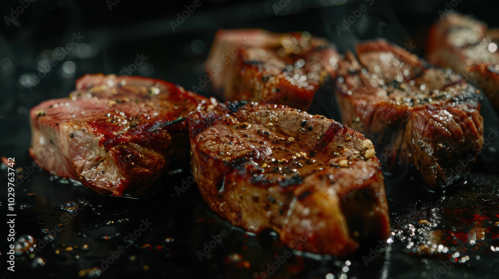Juicy grilled steak pieces sizzling on hot surface, showcasing rich brown crust and seasoning. smoky aroma enhances appetizing look of this delicious meat dish Juicy grilled steak pieces sizzling on hot surface, showcasing rich brown crust and seasoning. smoky aroma enhances appetizing look of this delicious meat dish