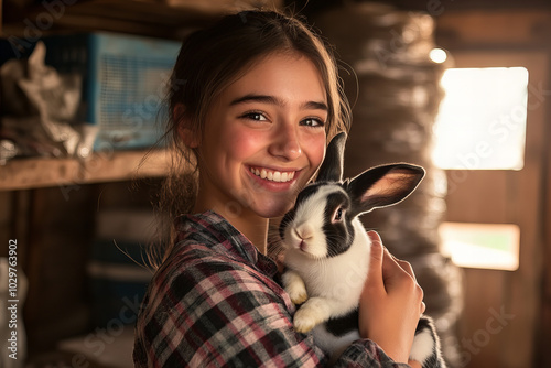 A girl happily holds a black and white rabbit while smiling in a cozy barn during a sunny afternoon