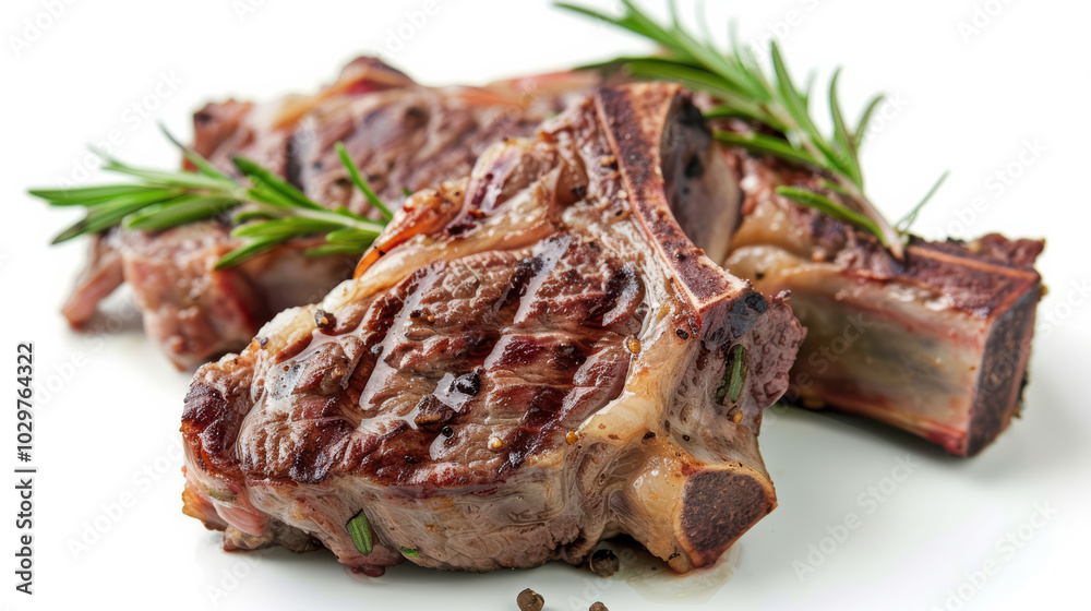 Grilled lamb chops with fresh rosemary, showcasing delicious and savory meal. juicy meat is perfectly cooked, making it ideal dish for any occasion Grilled lamb chops with fresh rosemary, showcasing delicious and savory meal. juicy meat is perfectly cooked, making it ideal dish for any occasion