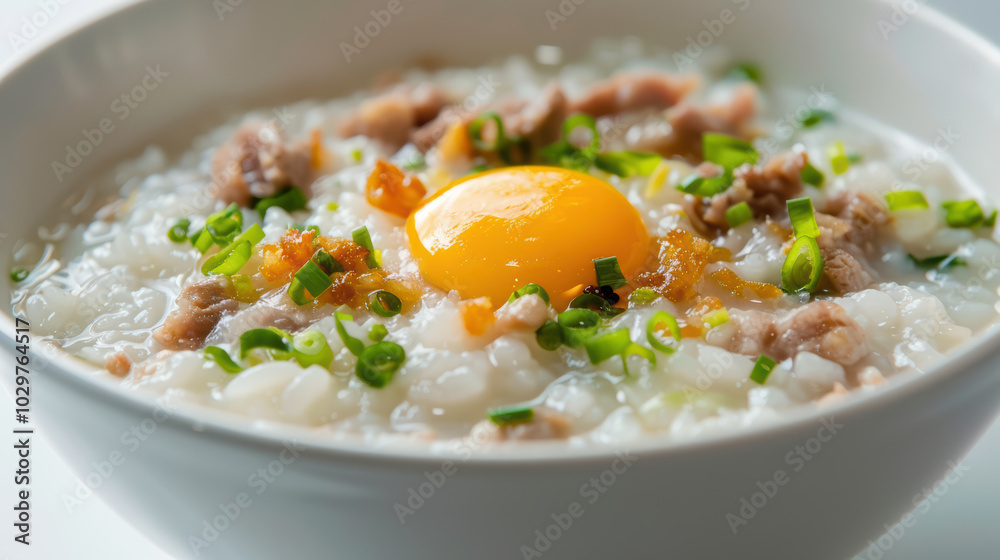 Creamy rice porridge topped with fresh egg yolk, minced meat, and green onions creates comforting and delicious dish. Perfect for any meal of day Creamy rice porridge topped with fresh egg yolk, minced meat, and green onions creates comforting and delicious dish. Perfect for any meal of day