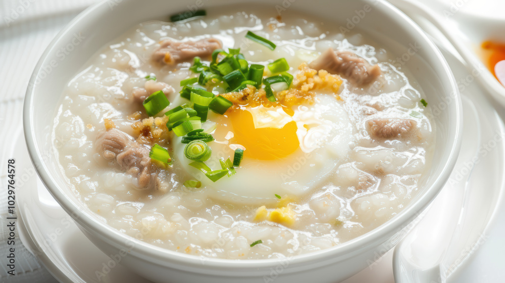 Warm and comforting, this bowl of rice porridge features tender meat, perfectly cooked egg, and fresh green onions, creating delightful and nourishing meal Warm and comforting, this bowl of rice porridge features tender meat, perfectly cooked egg, and fresh green onions, creating delightful and nourishing meal