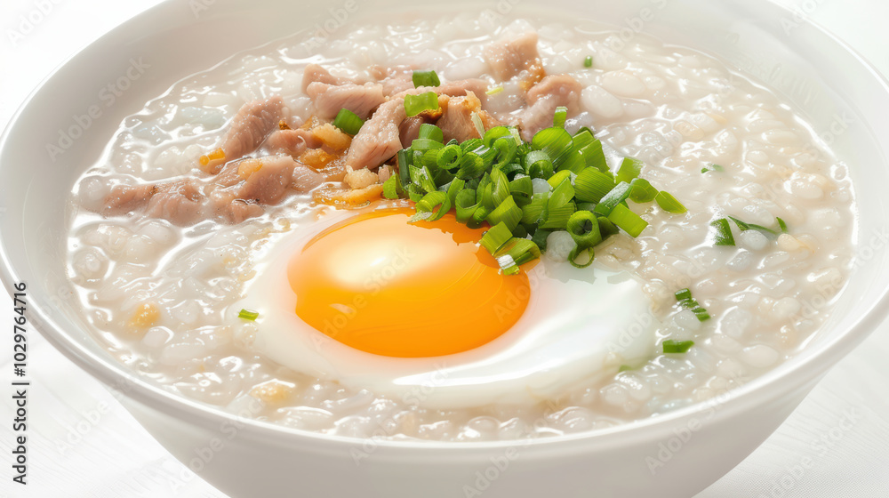 Creamy rice porridge topped with soft boiled egg, green onions, and tender meat creates comforting and delicious meal. Perfect for breakfast or any time of day