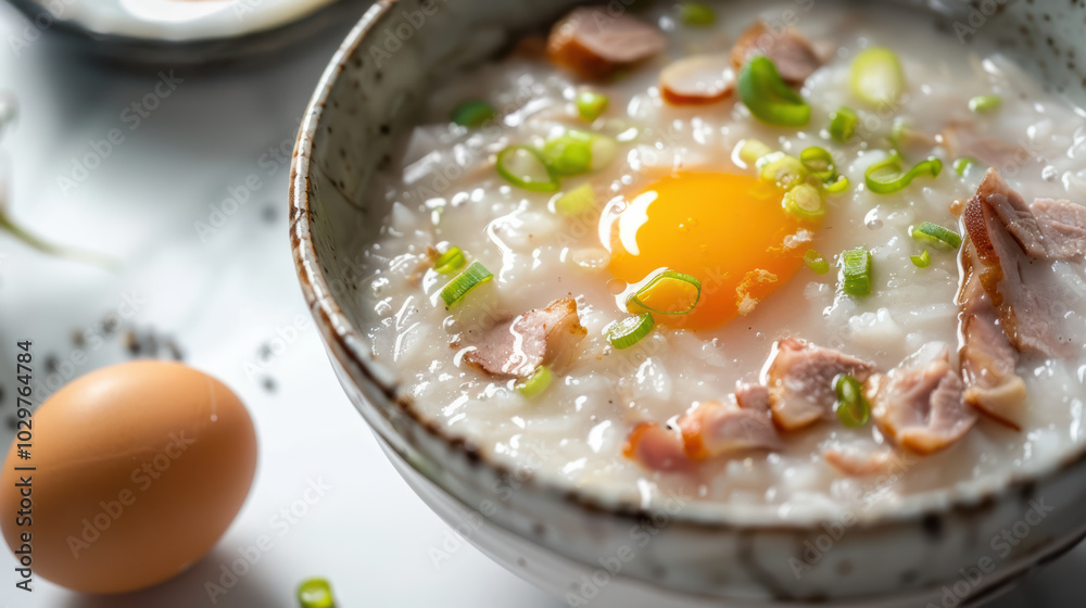 Creamy rice porridge topped with fresh egg yolk, sliced green onions, and tender meat, served in decorative bowl. comforting and nutritious meal Creamy rice porridge topped with fresh egg yolk, sliced green onions, and tender meat, served in decorative bowl. comforting and nutritious meal