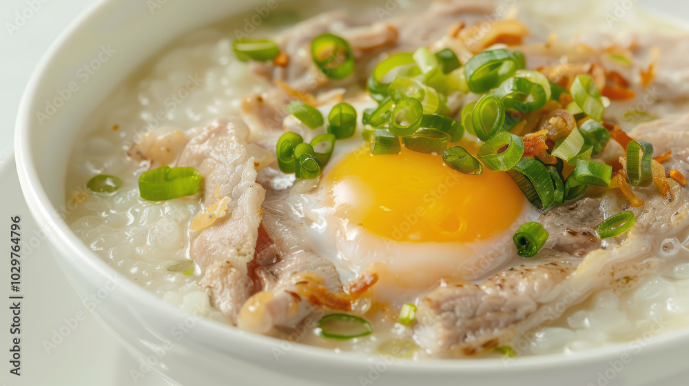 Delicious rice porridge topped with tender meat, soft egg, and fresh green onions creates comforting and hearty meal Delicious rice porridge topped with tender meat, soft egg, and fresh green onions creates comforting and hearty meal