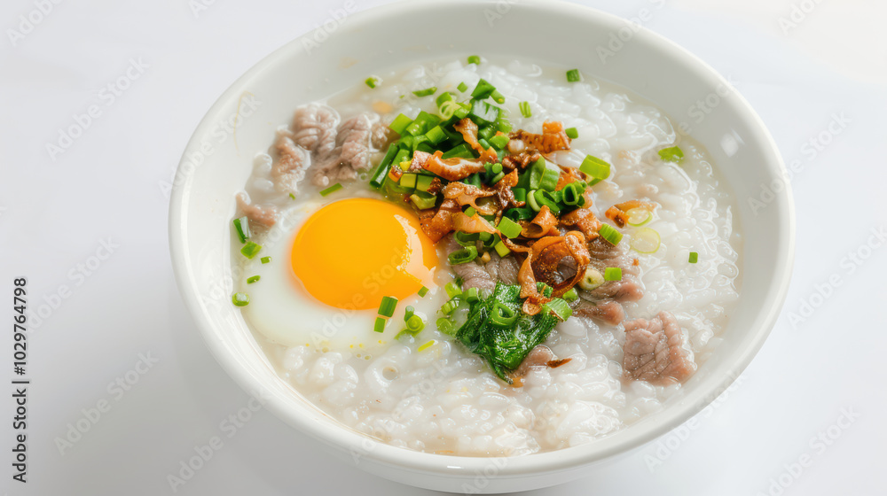 Delicious rice porridge topped with tender meat, sunny side up egg, and fresh green onions, creating comforting and hearty meal