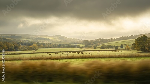 Rolling Hills and Cattle Under a Cloudy Sky photo