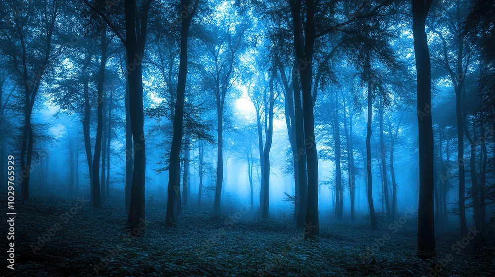 Mysterious Foggy Forest in Blue Hues Mysterious Foggy Forest in Blue Hues
