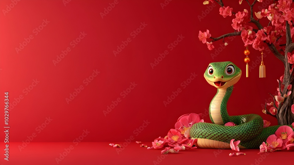 Fototapeta premium Stylized Green Snake with Floral Chinese New Year Decor and Copyspace
