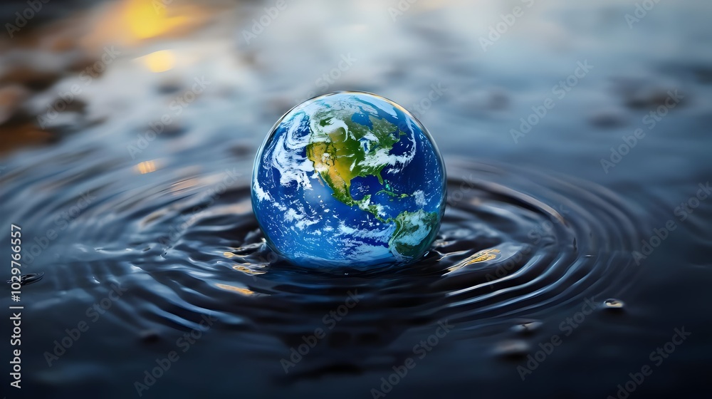 Floating Earth Globe Reflecting in Rippled Water Surface on World Water Day Floating Earth Globe Reflecting in Rippled Water Surface on World Water Day