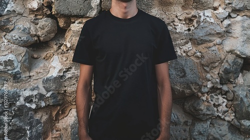 Man Wearing a Black T-Shirt Against a Stone Wall