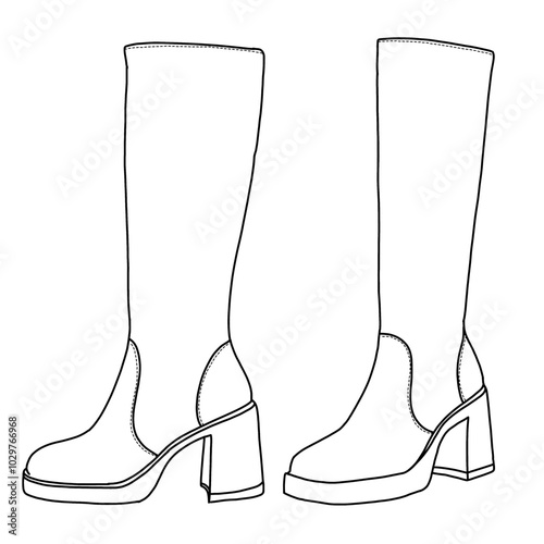 Women's Knee High Boots Side Zipper Faux Suede Comfort Boot pairs Line art, Technical sketch hand drawing outline vector doodle illustration rear and side view isolated on white background