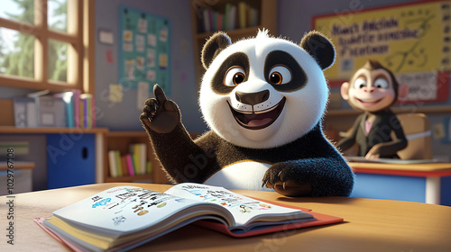A 3D cartoon panda sitting in a classroom, excitedly raising its hand to answer a question.
