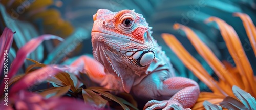 A lizard with colorful skin sits among green leaves. AI.