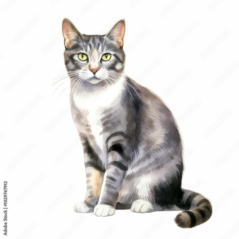 Fototapeta premium Realistic Watercolor Illustration of a Gray Tabby Cat with Green Eyes - Perfect for Pet Lovers and Art Enthusiasts