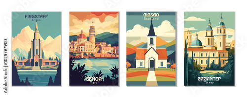 Vintage Travel Posters Set: Flagstaff, Arizona. Gaziantep, Turkey. Genoa, Italy. Glasgo, Scotland.