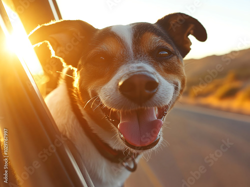 Canine Enjoying Windy Car Ride at Golden Hour photo