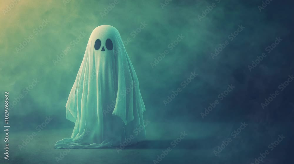 A ghostly figure appears surrounded by fog in a dimly lit environment, creating an atmosphere filled with suspense and intrigue during twilight hours, copy space A ghostly figure appears surrounded by fog in a dimly lit environment, creating an atmosphere filled with suspense and intrigue during twilight hours, copy space