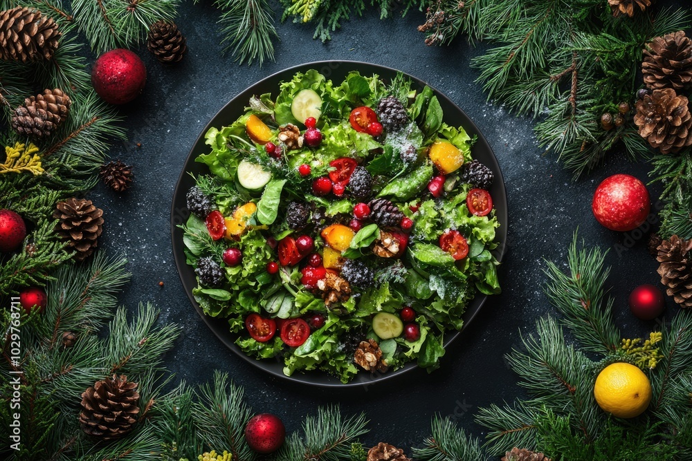 Vibrant Holiday Salad with Fresh Greens, Berries, and Nuts in Festive Christmas Setting Vibrant Holiday Salad with Fresh Greens, Berries, and Nuts in Festive Christmas Setting