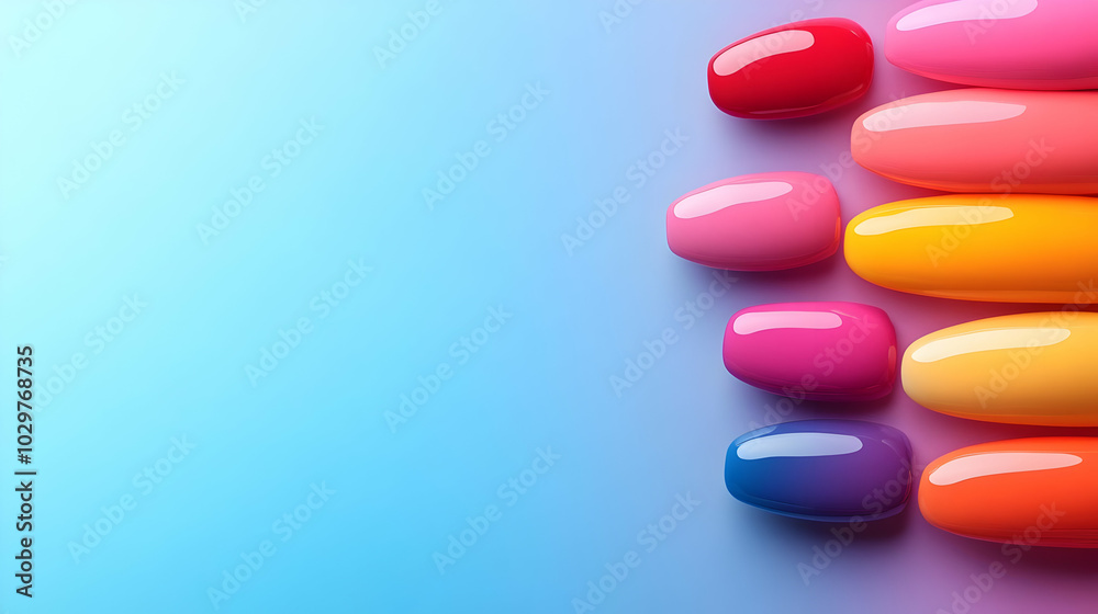 Colorful nail polish shades arranged neatly on a blue background, perfect for showcasing beauty themes and nail art. Colorful nail polish shades arranged neatly on a blue background, perfect for showcasing beauty themes and nail art.