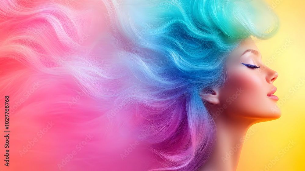 A vibrant portrait of a woman with flowing, colorful hair against a gradient background, showcasing a sense of freedom and creativity. A vibrant portrait of a woman with flowing, colorful hair against a gradient background, showcasing a sense of freedom and creativity.