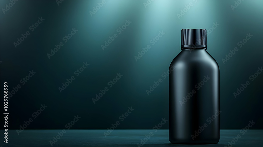 Black bottle on a dark background with soft lighting, emphasizing its sleek design and modern aesthetic. Black bottle on a dark background with soft lighting, emphasizing its sleek design and modern aesthetic.