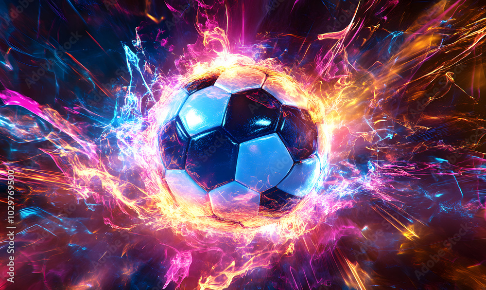 Fototapeta premium Dynamic Neon Football Action with Futuristic Geometric Patterns and Vibrant Light Trails for High-Energy Sports Advertising Backgrounds