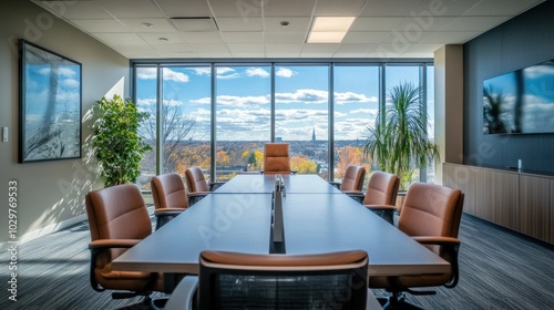 Modern boardroom with large windows offering city views.