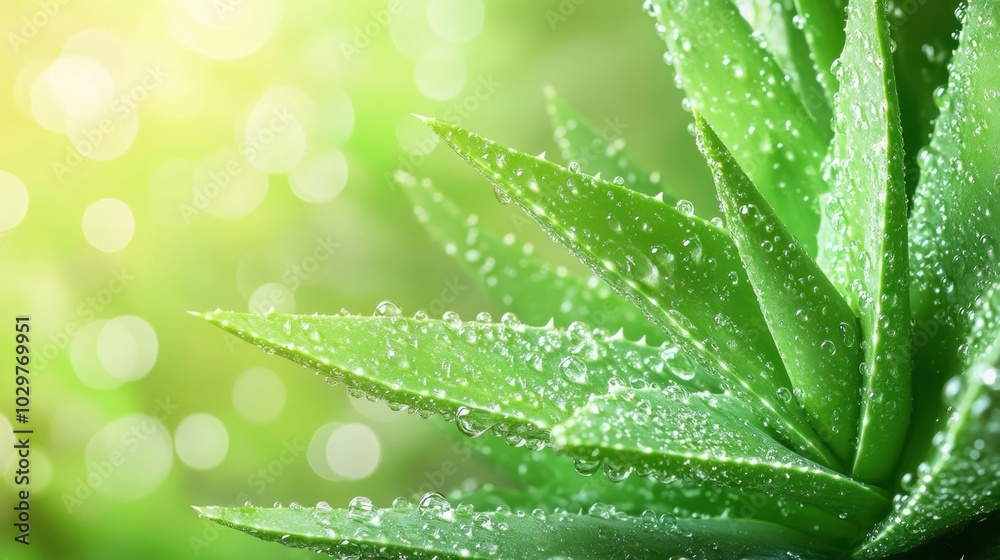 Fresh Green Aloe Vera Plant with Dew Drops Fresh Green Aloe Vera Plant with Dew Drops