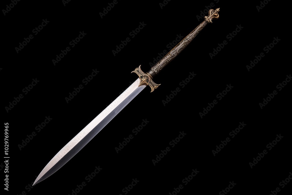Elegant Sword with Ornate Handle on Black Background Elegant Sword with Ornate Handle on Black Background