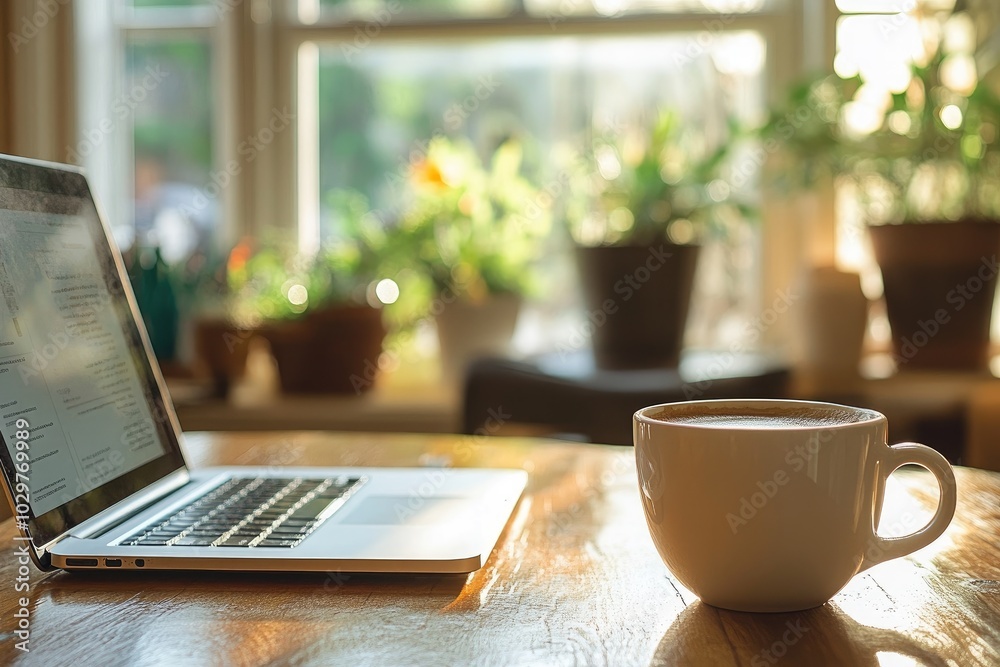 Cozy Home Workspace with Laptop and Coffee Amidst Sunlit Greenery Cozy Home Workspace with Laptop and Coffee Amidst Sunlit Greenery