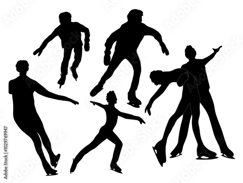 Set of ice skating Silhouette illustration. Fit fun sport people. Silhouette ice skater person. Ice skating silhouettes. Ice figure sliding sport silhouettes. photo