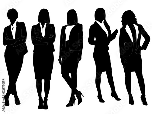 Corporate set, official women silhouette group, business woman. Silhouette working female person.