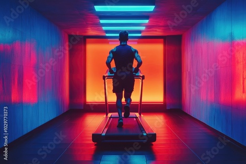 Neon Fitness: Man Running on Treadmill in Futuristic Gym with Vibrant Lighting