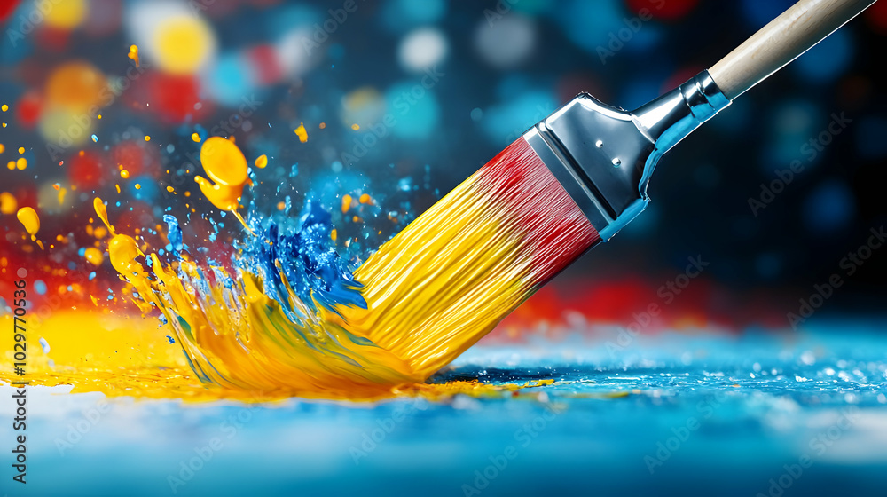Fototapeta premium Colorful paint splash with brush against a vibrant backdrop, depicting creativity and artistic expression.