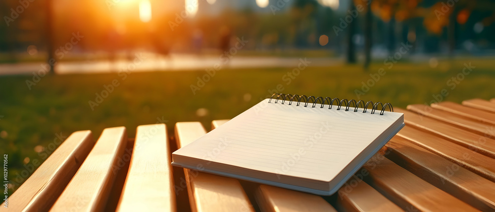 Empty notepad resting on a wooden bench in a sunlit park, inviting creativity and inspiration. Empty notepad resting on a wooden bench in a sunlit park, inviting creativity and inspiration.