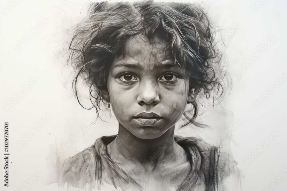 Charcoal Drawing of a Young Girl on White Background Charcoal Drawing of a Young Girl on White Background