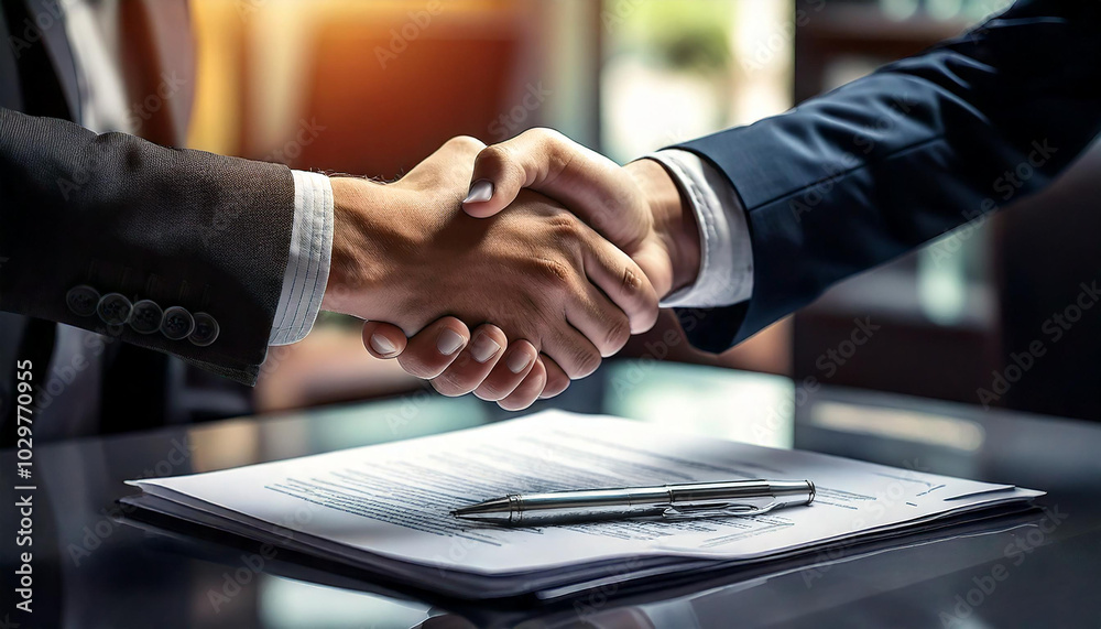 A close-up of a handshake over a signed contract, symbolizing the completion of a consulting deal, signed contract, consulting agreement A close-up of a handshake over a signed contract, symbolizing the completion of a consulting deal, signed contract, consulting agreement