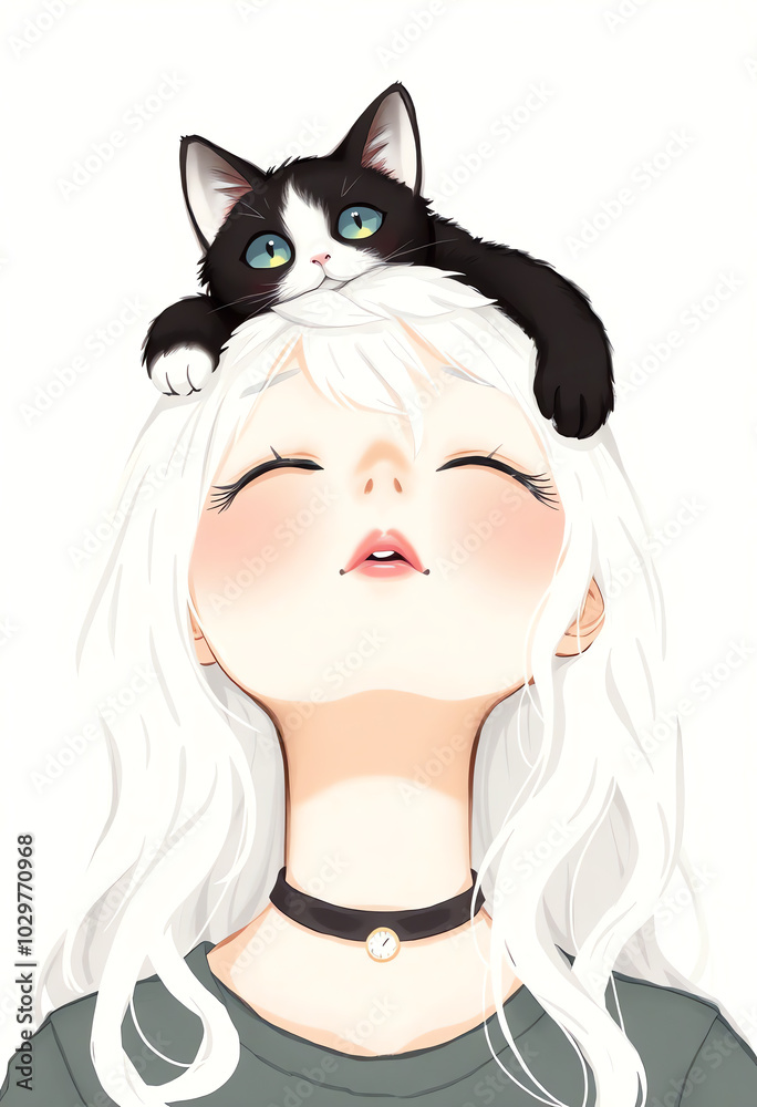 illustration a girl with white hair. looking upwards with cute cat on her head illustration a girl with white hair. looking upwards with cute cat on her head