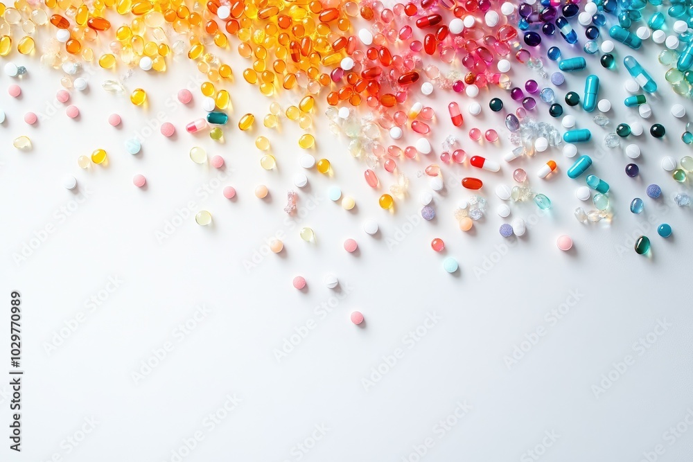 Naklejka premium Colorful Pills and Capsules Scattered on a White Background in a Vibrant Rainbow Pattern
