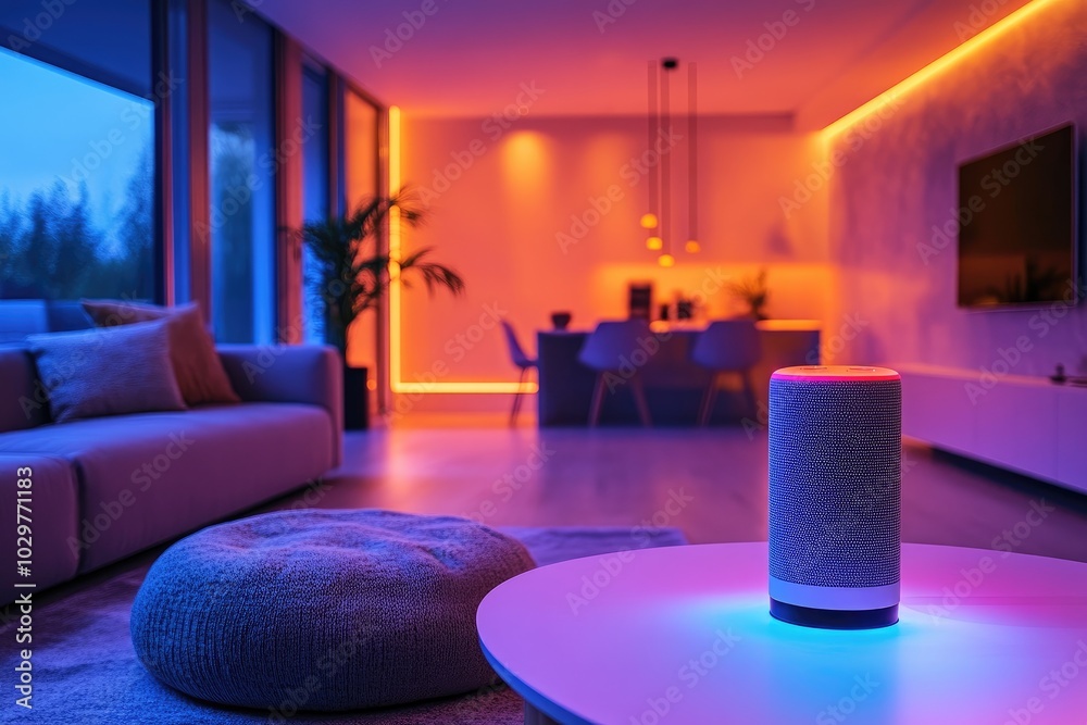 Smart Home Living Room with Voice-Controlled Speaker and Ambient Lighting Smart Home Living Room with Voice-Controlled Speaker and Ambient Lighting
